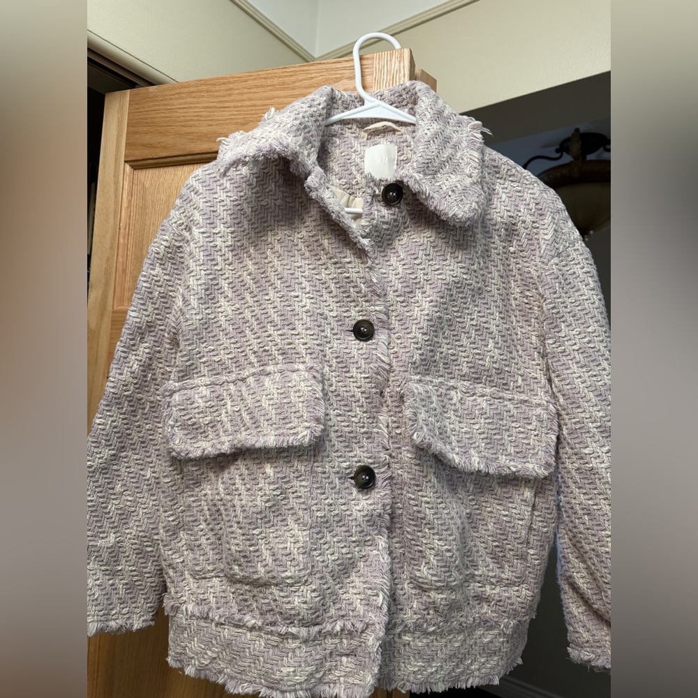 Women's Textured Jacket in Cream and lavender tweed cropped jacket 3/4 sleeve